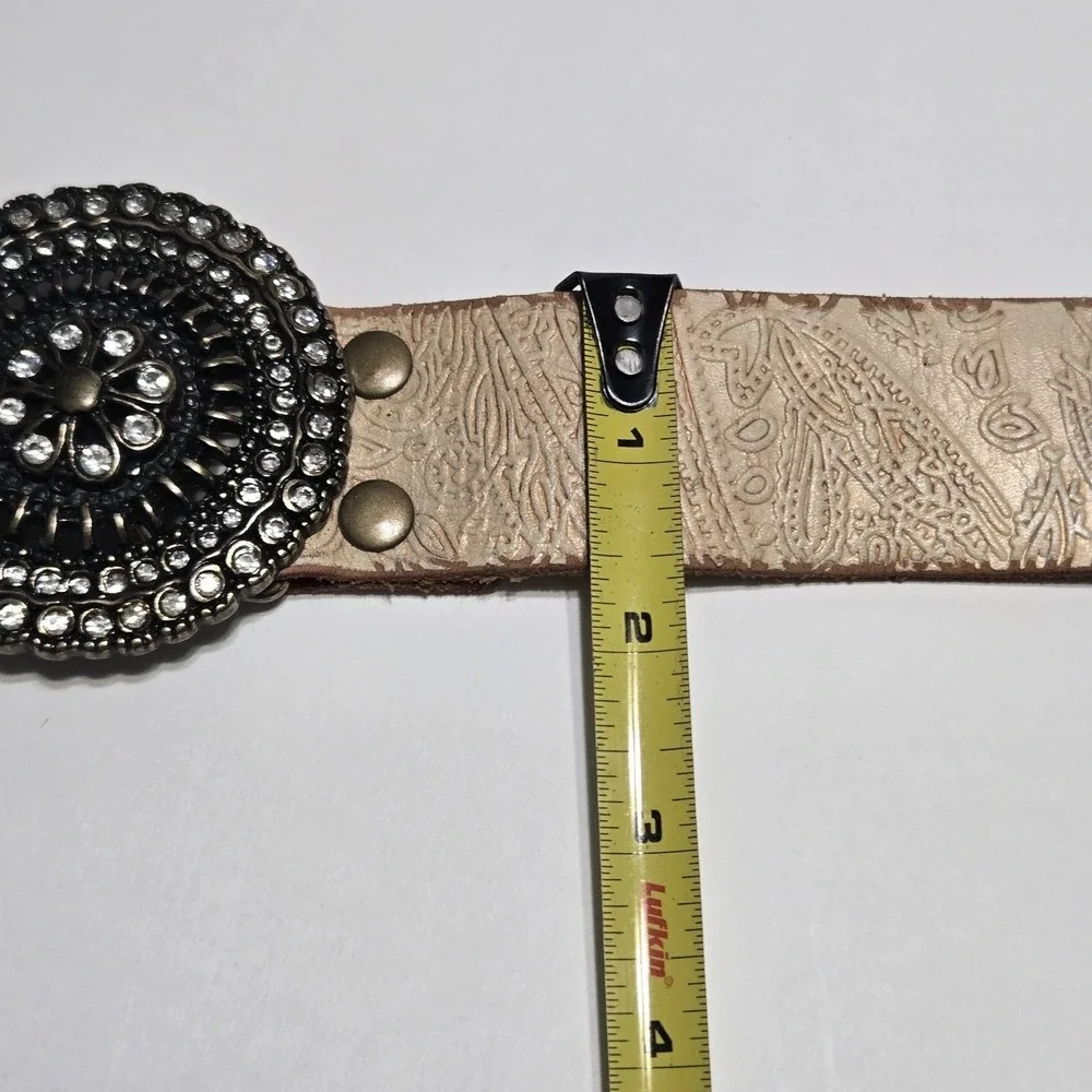 Women's‎ Belt Fossil Genuine Leather Embossed Cream Metallic Rhinestone Buckle L